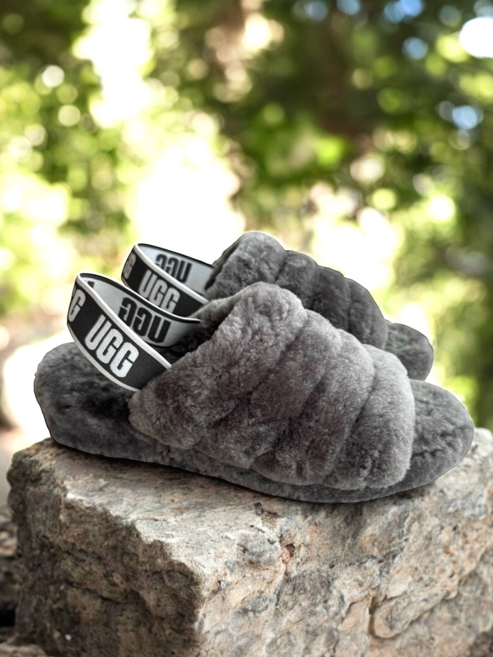 UGG Fluff Yeah Shearling Sandals Gray Slides